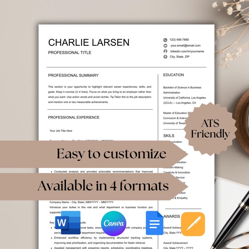 Availability Resume Resume Template Professional, Resume Template Word ATS, Resume Template ...