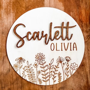 Nursery Name Sign | Boho Wildflower Sign for Child's Room | Personalized Laser Engraved 3D First Name & Engraved Middle Name Sign