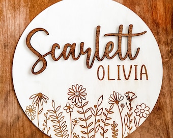 Nursery Name Sign | Boho Wildflower Sign for Child&#39;s Room | Personalized Laser Engraved 3D First Name & Engraved Middle Name Sign