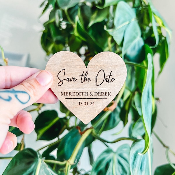 Save the Date Heart Shaped Wedding Magnets | Wooden Save the Date Personalized Set | Wedding Invitation | Custom Laser Engraved Oak Magnets