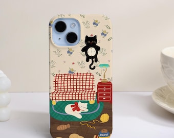 May include: A cream-colored phone case with a floral pattern and a black cat illustration. The cat is hanging from a clock and there is a red and white checkered couch, a red dresser, and a cat sleeping on a green rug. The text "MEOW" is on a can of cat food.