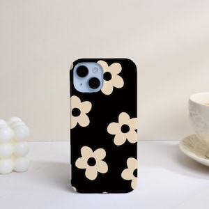 Coque de portable rétro noire et blanche à fleurs, coque de portable pour iPhone 15 14 13 12 11 Pro Max Mini coque résistante, coque de portable pour filles, cadeaux uniques