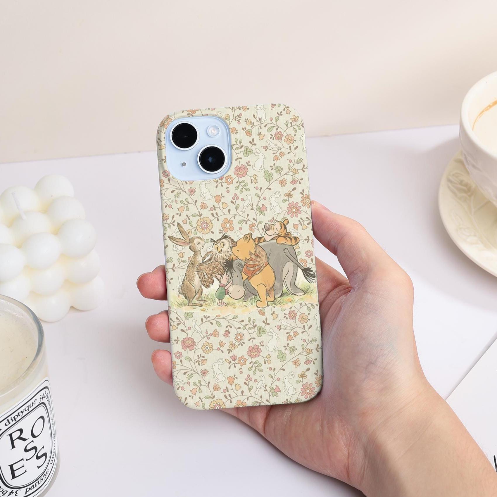 Winnie The Pooh Phone Case for iPhone 17 16 15 13 14 11 Pro Max Matte Case 15 Plus Case, Cute Flower iPhone 12/13 Mini Case XR XS SE Case