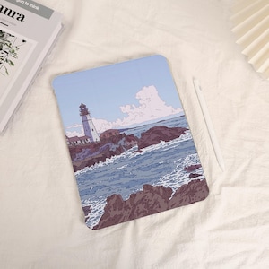 Coastal Lighthouse Scene iPad Case with Pencil Holder for iPad Air 5/6/7 10.9&quot; 11&quot; 13&quot; 2025 iPad Pro 12.9&quot; iPad 8/9/10/11 Gen iPad Mini 6/7