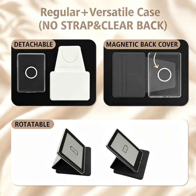 May include: A tablet case set labelled Regular+Versatile Case (NO STRAP&CLEAR BACK) featuring a detachable white stand, a magnetic back cover with a clear section, and a rotatable stand function shown with a tablet in landscape and portrait.