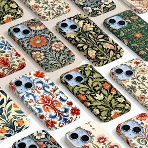 May include: A collection of phone cases with floral patterns in various colors, including orange, blue, green, and cream. The cases feature intricate designs of flowers and leaves, offering a decorative and protective accessory for smartphones.