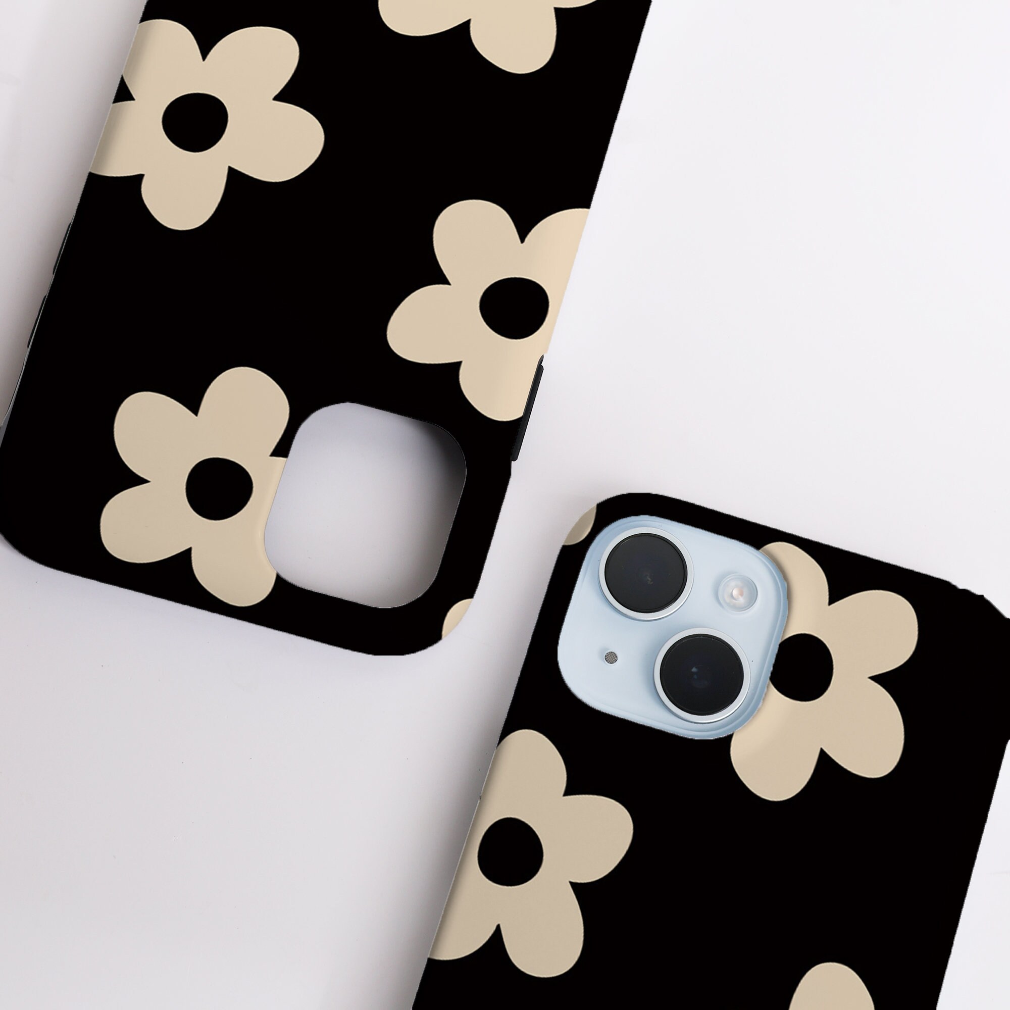 Black & White Floral Retro Phone Case, Phone Cover for
