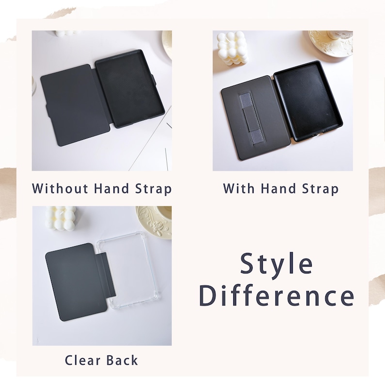 May include: A comparison of e-reader cases showing three styles: a black case without a hand strap, a black case with an integrated hand strap, and a case featuring a solid black front cover paired with a transparent clear back shell.