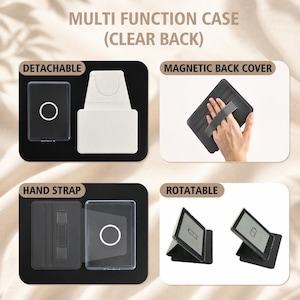 May include: A multi-function tablet case with a clear back, featuring a detachable magnetic back cover, an integrated hand strap, and a rotatable stand mechanism. The case is shown in various configurations, including a flat view and a tilted stand.