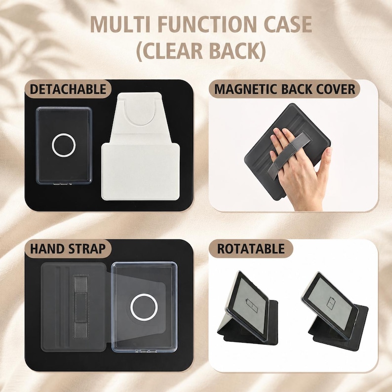 May include: A multi-function tablet case with a clear back, featuring a detachable magnetic back cover, an integrated hand strap, and a rotatable stand mechanism. The case is shown in various configurations, including a flat view and a tilted stand.