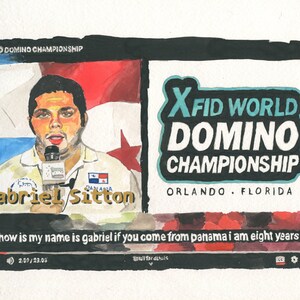 May include: A watercolor illustration of a young boy, Gabriel Sitton, holding a microphone and wearing a white shirt with the Panamanian flag on it. The image is from the XFID World Domino Championship in Orlando, Florida. The text "hello how is my name is gabriel if you come from panama i am eight years old" is displayed below the image.