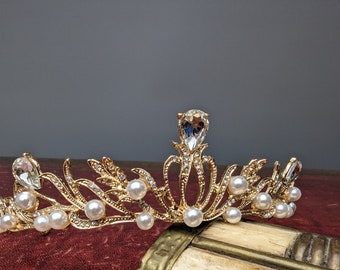 Gold Colour Pearl  Bridal Tiaras Crystal Crown Hairbands Wedding Hair Accessories Bride Headband Vintage Look