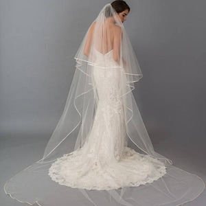 MARGO Double Tier with Satin Ribbon Wedding Veil, Bridal Veil Two Tier Wedding Veil, Satin Bias Wedding Veil, Ribbon Edge