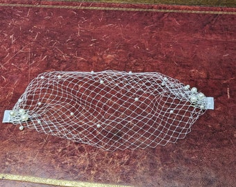 Véu de noiva estilo gaiola com pérolas, véu bandeau de pérolas para casamento, véu francês de tule.