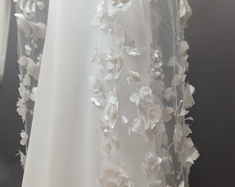 Raw Cut 3D Floral Veil Long Short Flowered Wedding Cathedral Bridal Veil with 3D Chiffon Flowers Effect Flowers Elbow Length