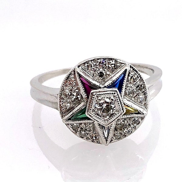 Order of the Eastern Star white gold ring encrusted with diamonds