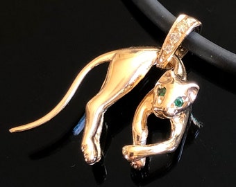 Made to Order! A must for cat lovers! Gold &quot;Cartier&quot; style cat pendant with diamonds and emeralds