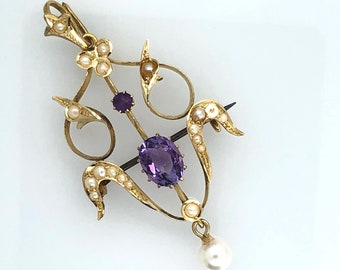 Art Nouveau Amethysts and Seed pearls pendant/brooch