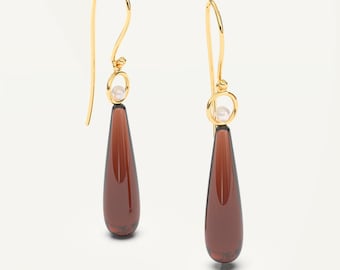 Made to order - Elegant Carnelian drop gold earrings with cultured pears