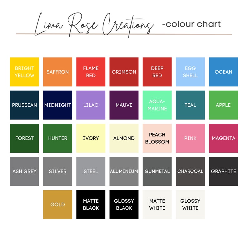 May include: Color chart with 24 color swatches, including bright yellow, flame red, crimson, deep red, egg shell, ocean, Prussian blue, midnight blue, lilac, mauve, aqua-marine, teal, apple green, forest green, hunter green, ivory, almond, peach blossom, pink, magenta, ash grey, silver, steel, aluminum, gunmetal, charcoal, graphite, gold, matte black, glossy black, matte white, and glossy white.