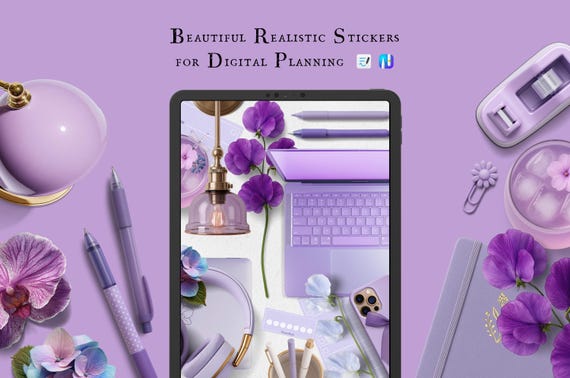 Digital Sticker PNG & Goodnotes | Home Office Eleganz in Violet | Romantische Sticker,  Bujo Clip Art | Frühlings-Sticker | Büro Tisch Deko