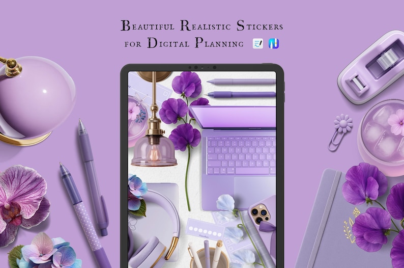 May include: A digital planning theme in shades of purple, featuring a tablet, laptop, pens, and flowers. The image includes the text "Beautiful Realistic Stickers for Digital Planning."