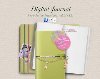 Zestaw do samodzielnego wykonania cyfrowego dziennika podróży w stylu retro + 230 naklejek | Holograficzna okładka Goodnotes Noteful | Książka naklejek z kwiatami PNG Slim Journal