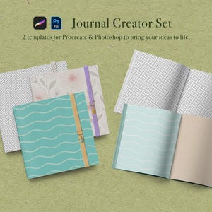 Könnte beinhalten: Zwei Journal-Vorlagen für Procreate und Photoshop. Die Vorlagen zeigen ein Blumenmuster, ein Wellenmuster und ein gepunktetes Muster. Die Vorlagen werden als geöffnete Notizbücher dargestellt.