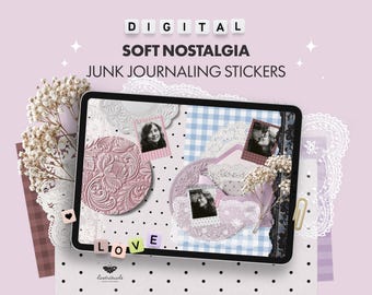 Ponad 150 miękkich naklejek nostalgicznych | Naklejki do dziennika nostalgicznych śmieci z koralikami z koronką | Książka naklejek GoodNotes & Noteful, PNG