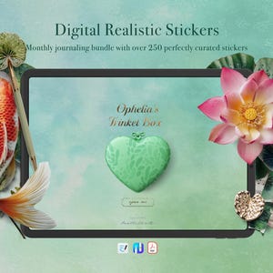 May include: Digital Realistic Stickers displayed on a tablet, with the text "Ophelia's Trinket Box". The image features a koi fish, lotus flower, and dragonfly. The stickers are a monthly journaling bundle.