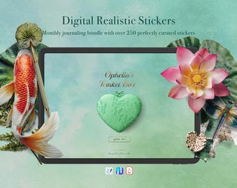 280+ Realistic Digital Stickers Ophelia | Pond Aesthetic PNG | Koi Pond Botanical Journaling Bundle | GoodNotes Scrapbook Sticker Kit