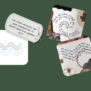 May include: A collection of decorative paper elements with handwritten text and floral accents. One tag reads "USE THESE HELPLINES FOR YOUR HANDWRITING TO CREATE BEAUTIFUL DYNAMIC TEXT." The background is a dark green.
