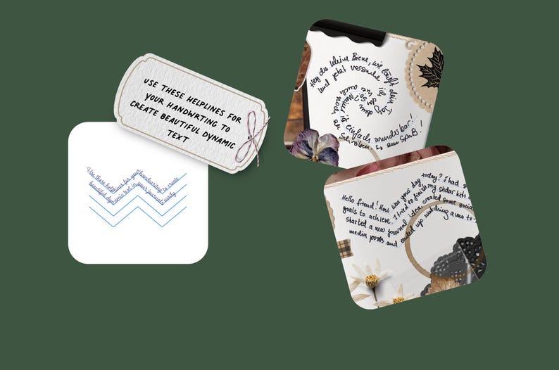 May include: A collection of decorative paper elements with handwritten text and floral accents. One tag reads "USE THESE HELPLINES FOR YOUR HANDWRITING TO CREATE BEAUTIFUL DYNAMIC TEXT." The background is a dark green.