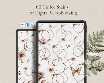 60 realistycznych naklejek z plamami kawy do cyfrowego scrapbookingu. Krążki i plamy na kubki. Do Goodnotes, Noteful i w formacie PNG.