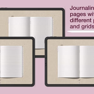 May include: Three digital tablets displaying open journal pages with different paper styles and grids. The text "Journaling pages with different papers and grids" is visible. A white stylus is also present.
