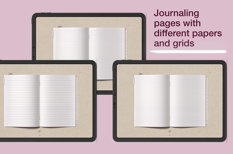 May include: Three digital tablets displaying open journal pages with different paper styles and grids. The text "Journaling pages with different papers and grids" is visible. A white stylus is also present.