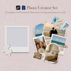 Könnte beinhalten: Eine Sammlung von Fotovorlagen für Procreate und Photoshop, mit einem Polaroid-Rahmen, Puzzleteilen und verschiedenen Fotoausschnitten. Der Text lautet "Photo Creator Set" und "12 Vorlagen, um Ihre Erinnerungen zum Leben zu erwecken."