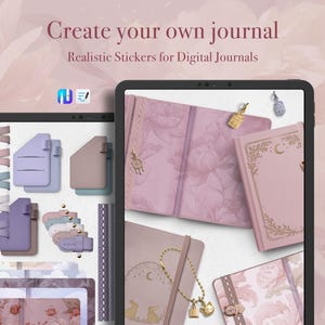 Könnte beinhalten: Zwei Tablets zeigen digitale Journaldesigns und Aufkleber. Der Text "Create your own journal" und "Realistic Stickers for Digital Journals" sind zu sehen. Die Journale sind rosa und haben florale Muster und goldene Akzente. Ein Tablet zeigt Journal-Cover und Aufkleber.