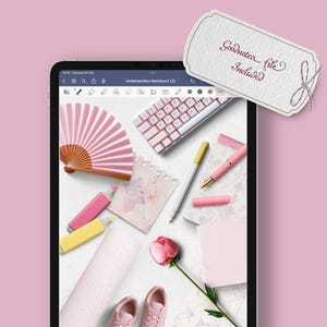 May include: A digital tablet displaying a flat lay of pink and white stationery items, including a pink fan, a keyboard, a pen, and a flower. The text "Goodnotes file included" is visible on a tag.