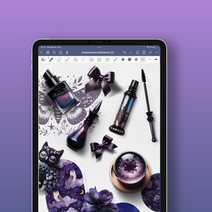 May include: A collection of dark purple and black makeup products, including a bottle of perfume, a mascara, and a small bottle of liquid. The products are arranged on a white background with a decorative design of a moth and flowers.
