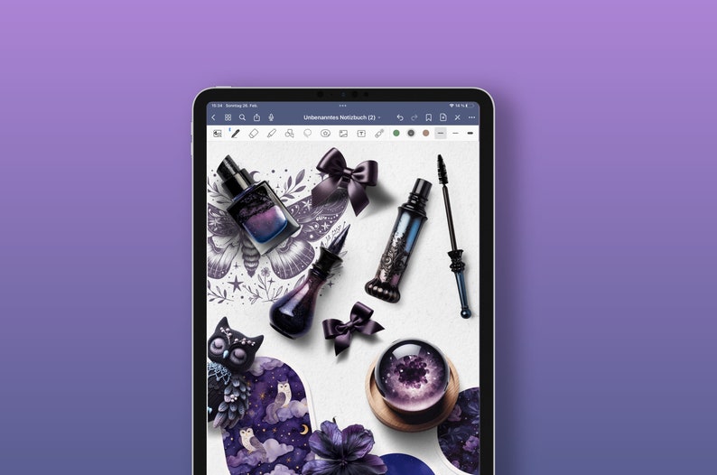 May include: A collection of dark purple and black makeup products, including a bottle of perfume, a mascara, and a small bottle of liquid. The products are arranged on a white background with a decorative design of a moth and flowers.