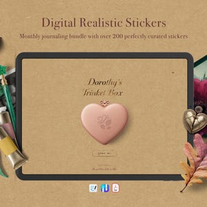 May include: A digital art composition featuring a tablet with the text "Dorothy's Trinket Box" and "Digital Realistic Stickers". The image includes a heart-shaped trinket, autumn leaves, and a green envelope with a flower.
