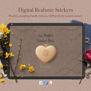 May include: Digital Realistic Stickers, a monthly journaling bundle. The image shows a tablet with a heart-shaped trinket box design, a red rose, a small mirror, and yellow flowers. The text reads "La Belle's Trinket Box."