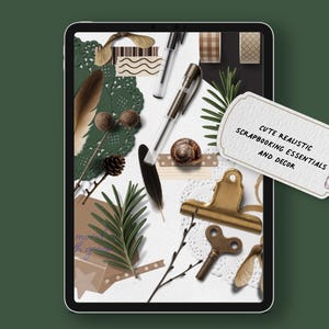 May include: A digital tablet displays a collection of scrapbooking essentials and decor. The arrangement includes a pen, feathers, a snail shell, a gold-coloured clip, a key, and a tag that reads "CUTE REALISTIC SCRAPBOOKING ESSENTIALS AND DECOR."