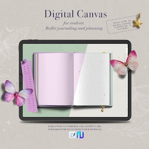 May include: A digital canvas for bullet journaling and planning, featuring an open notebook on a tablet. The notebook has pink and grid pages, with a calendar and butterfly accents. The text reads "Digital Canvas" and "Start with an empty canvas. Customize in minutes."