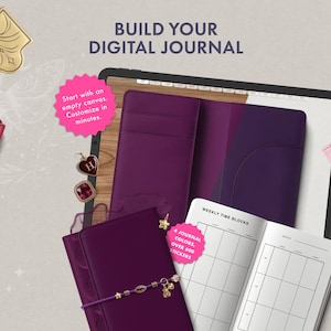 May include: A digital journal kit featuring a tablet displaying a planner, two physical journal covers in deep purple and pink with lace and charms, and gold clips. Text reads: BUILD YOUR DIGITAL JOURNAL, Start with an empty canvas. Customize in minutes.