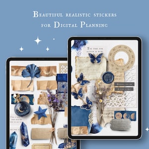 Pegatinas digitales para scrapbooking: efímeras en azul índigo (archivo PNG y Goodnotes)
