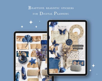 May include: Digital planner stickers featuring a blue and brown color scheme. The stickers include butterflies, ginkgo leaves, a moon, a compass, and a variety of other decorative elements.