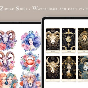 Digital Zodiac Deck e Ilustraciones del Zodiaco, 24 archivos PNG y Goodnotes