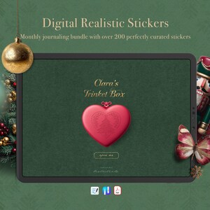 Könnte beinhalten: Digitales Sticker-Bundle mit über 200 kuratierten Stickern. Das Bild zeigt ein Tablet mit herzförmigem Design, einen Nussknacker und Weihnachtsschmuck. Der Text auf dem Tablet lautet "Clara's Trinket Box."